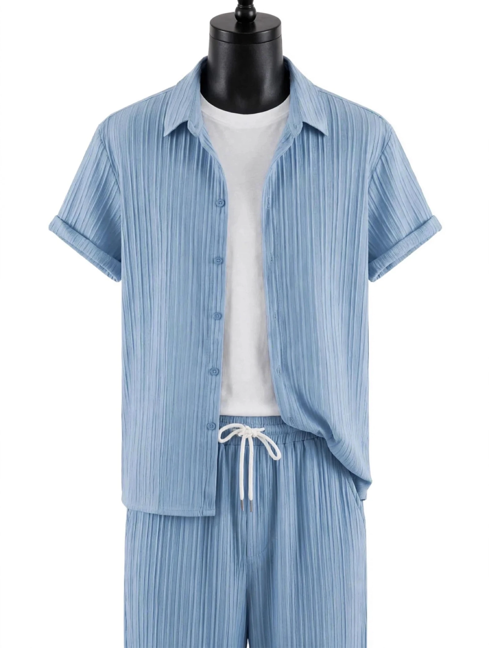 Heren 2-delig casual overhemd met knoopsluiting en broek met trekkoord set – photo 2